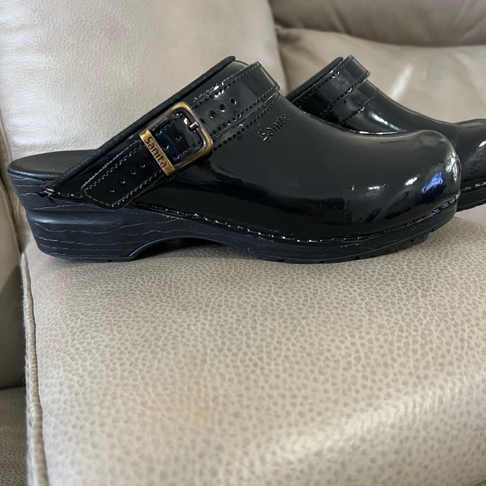 Sanita Black Mules with Glossy Finish and Buckle Detail